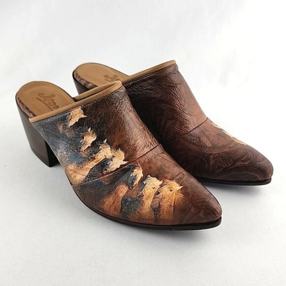 Icon Women's Leather Tan Wearable Art Western Horses Heeled Mules Shoes Size 7 - Picture 2 of 16